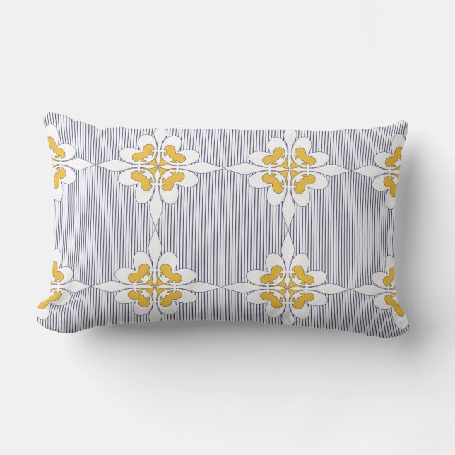 Elegant, navy blue, stripes, mustard yellow, white lumbar pillow (Front)