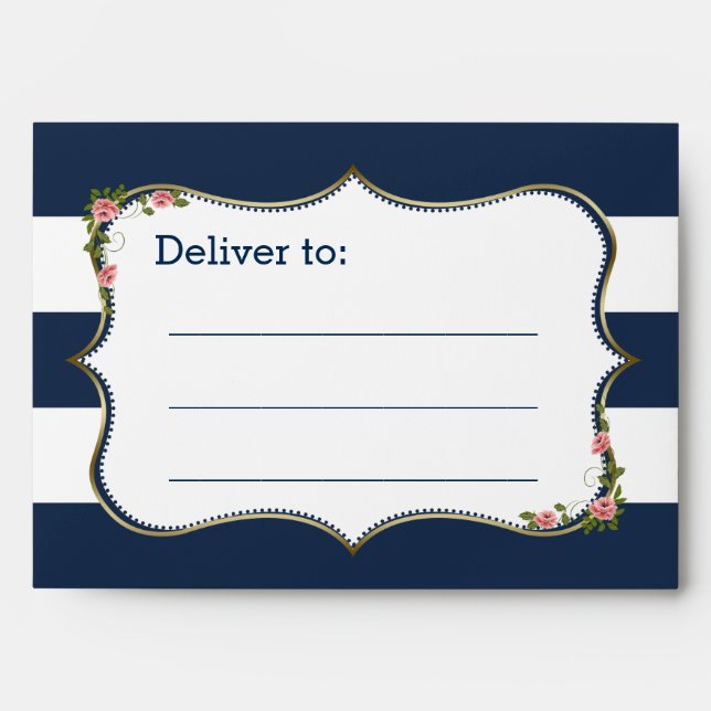 Elegant Navy Blue Stripes Wedding Custom Envelope (Front)