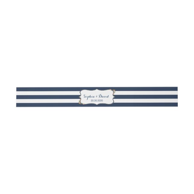 Elegant Navy Blue Stripes Wedding Custom Invitation Belly Band (Flat)
