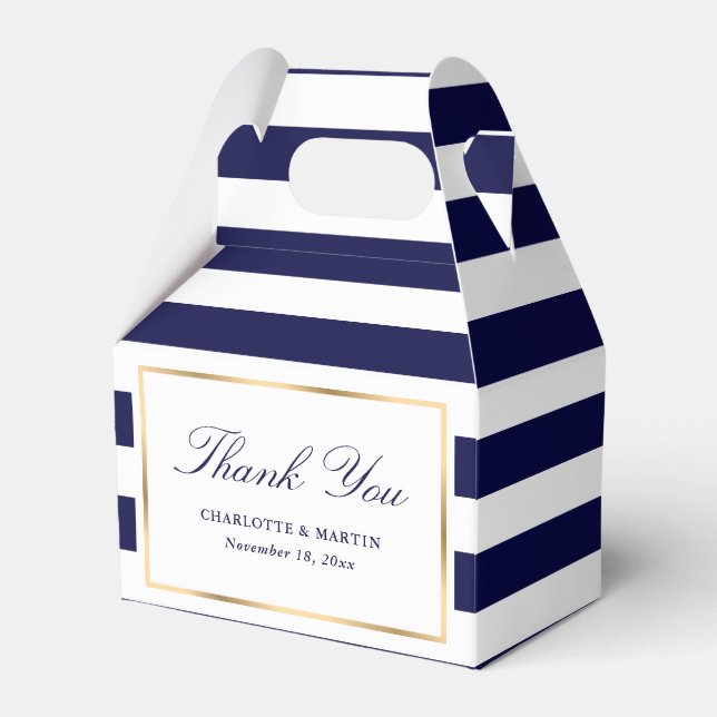 Elegant Navy Blue Stripes Wedding Thank You Favor Box (Front Side)