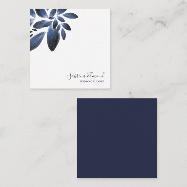 Elegant Navy Blue Succulent Foliage Signature Card (Front/Back)