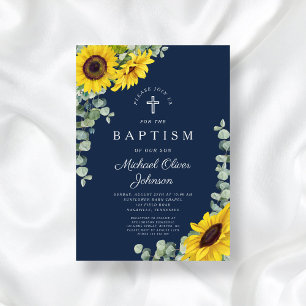 Elegant Navy Blue Sunflower Cross Baptism  Invitation
