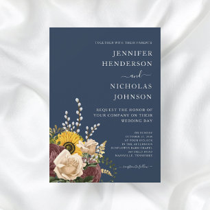 Elegant Navy Blue Sunflower Floral Wedding Invitation