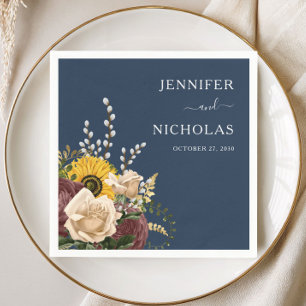 Elegant Navy Blue Sunflower Floral Wedding Napkin