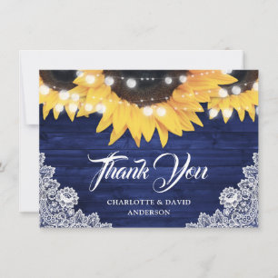 Elegant Navy Blue Sunflower Wood Lace Wedding Thank You Card
