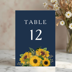 Elegant Navy Blue Sunflowers Wedding  Table Number