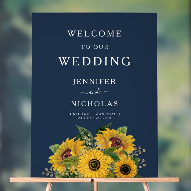 Elegant Navy Blue Sunflowers Wedding Welcome Acrylic Sign (Neutral)