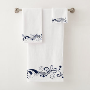 Elegant Navy-Blue Swirls Lace Bath Towel Set