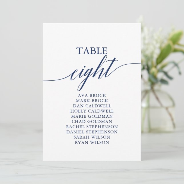 Elegant Navy Blue Table Number 8 Seating Chart (Standing Front)