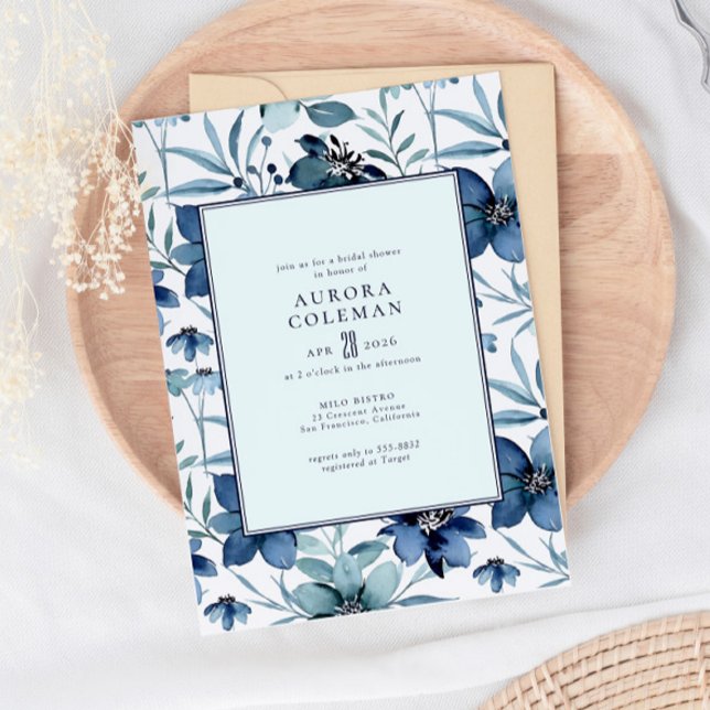 Elegant Navy Blue Teal Floral Bridal Shower Invitation (Creator Uploaded)