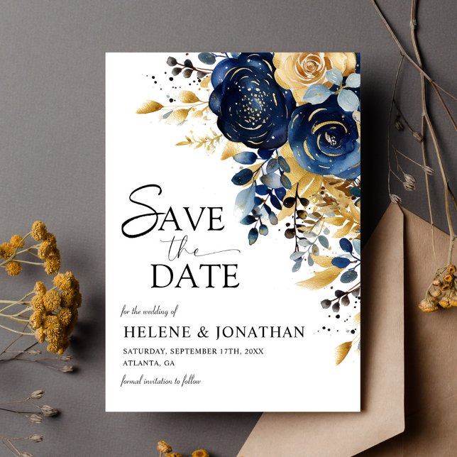 Elegant Navy Blue Terracotta Gold Floral Wedding Save The Date (Elegant Navy Blue Terracotta Gold Floral Wedding Save The Date)