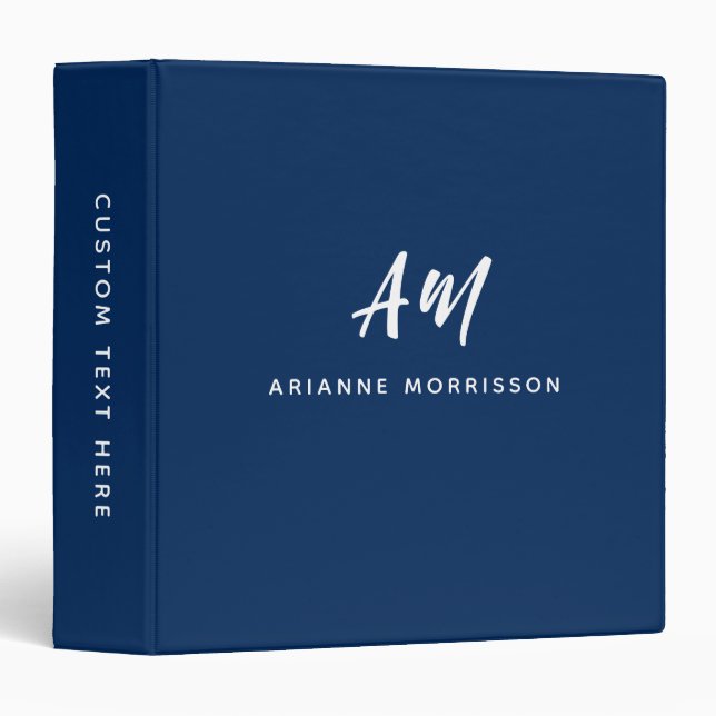 Elegant Navy Blue Two Monogram Casual Script Name Binder (Front/Spine)