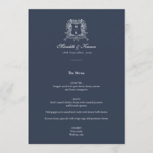 Elegant Navy Blue Vintage Crest Thank You Wedding Menu
