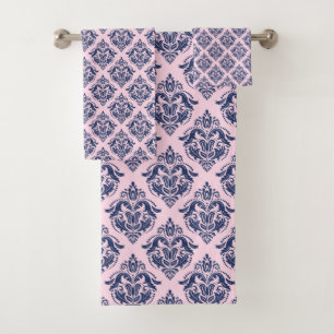 Elegant navy blue vintage damasks on light pink bath towel set