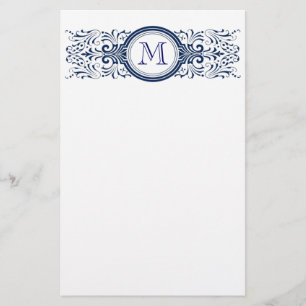 Elegant Navy Blue Vintage Filigree Monogram  Stationery