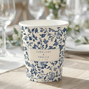 Elegant navy blue vintage floral wedding names paper cups