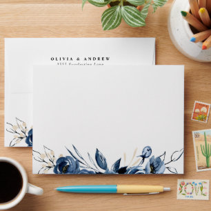 Elegant Navy Blue Watercolor Floral Wedding Envelope