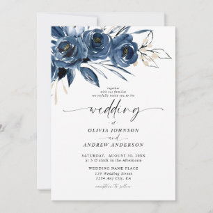 Elegant Navy Blue Watercolor Floral Wedding Invitation