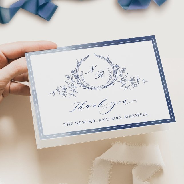 Elegant Navy Blue Watercolor Monogram Wedding Thank You Card (Creator Uploaded)