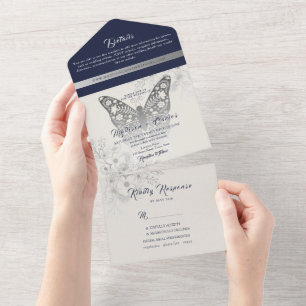 Elegant Navy Blue Wedding All In One Invitation