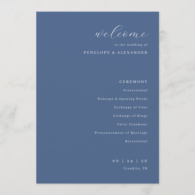 Elegant Navy Blue Wedding Ceremony Schedule Program (Front)