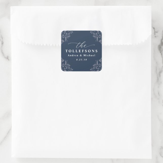 Elegant Navy Blue Wedding Favour Square Sticker (Bag)