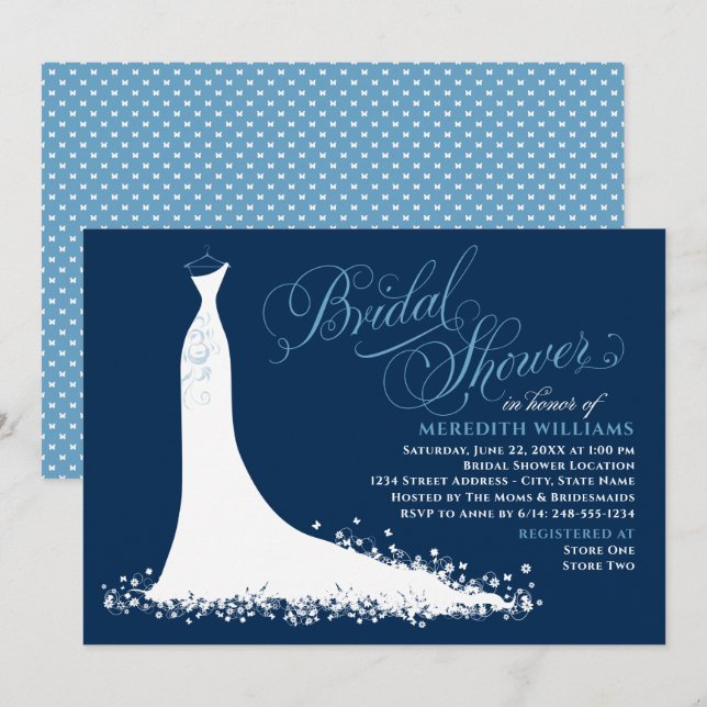 Elegant Navy Blue Wedding Gown Bridal Shower Invitation (Front/Back)