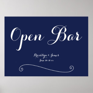 Elegant Navy Blue Wedding Open Bar Sign