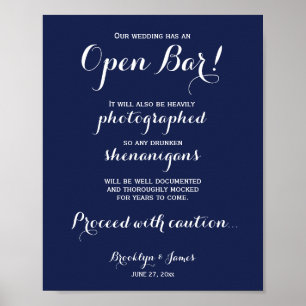 Elegant Navy Blue Wedding Open Bar Sign 8x10