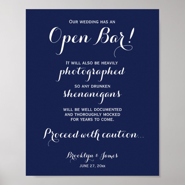 Elegant Navy Blue Wedding Open Bar Sign 8x10 (Front)