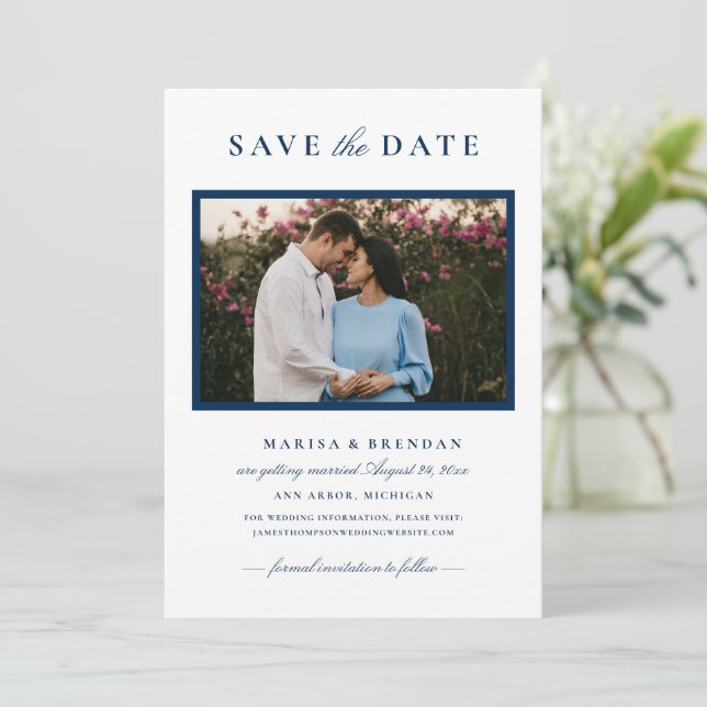 Elegant Navy Blue Wedding Photo Save The Date (Standing Front)