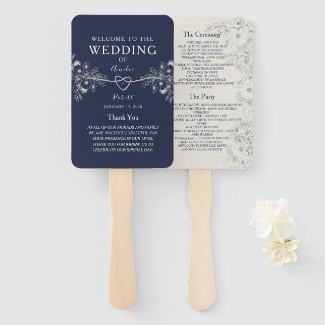 Elegant Navy Blue Wedding Program Hand Fan (Front and Back)