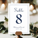 Elegant  Navy Blue Wedding Reception Table Formal Table Number<br><div class="desc">Wedding Table Number event party sign design features a classic elegance with classic navy blue on a crisp white background. Personalize wedding table design with your name, wedding date and table number in trendy lettering and script. The back of the card is a duplicate of the front. Follow our easy...</div>