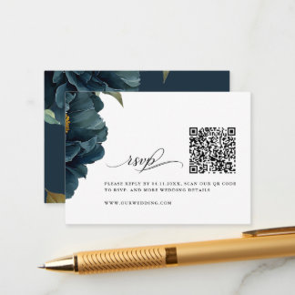 Elegant Navy Blue Wedding RSVP with QR Code Enclosure Card