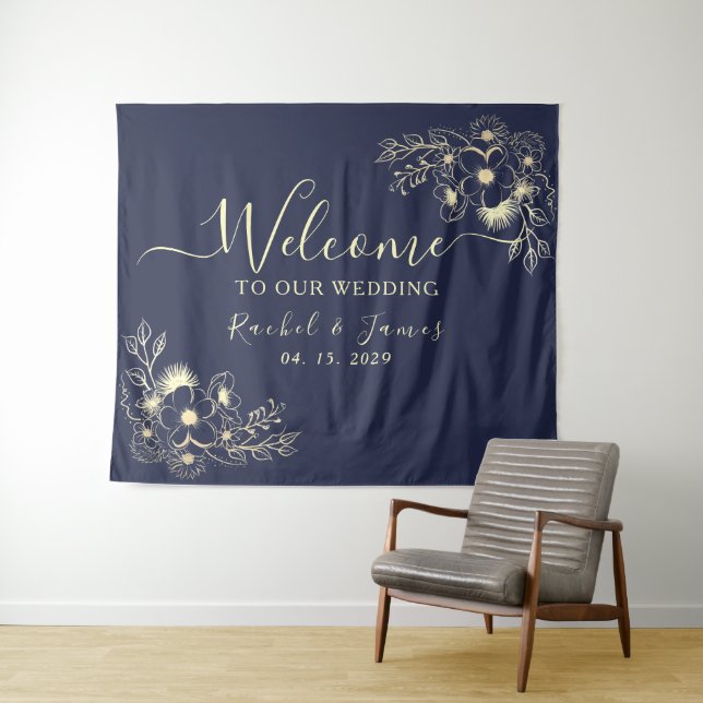 Elegant Navy Blue Wedding Welcome Backdrop Tapestry (In Situ (Horizontal))