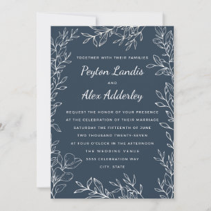 Elegant Navy Blue White Botanical Line Art Wedding Invitation