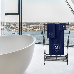 Elegant Navy Blue White Botanical Wreath Monogram Bath Towel Set