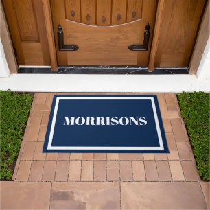 Elegant navy blue white custom name border doormat
