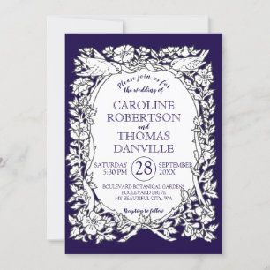 Elegant Navy Blue White Floral Bird Ornate Wedding Invitation