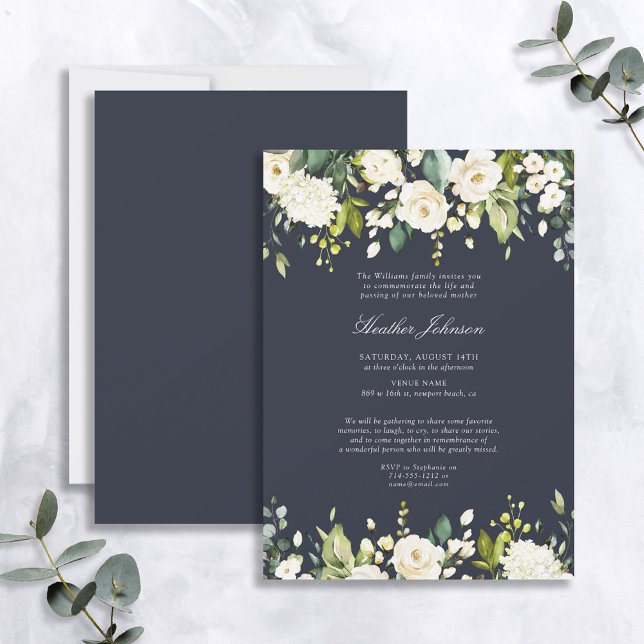 Elegant Navy Blue & White Floral Memorial Service Invitation (Creator Uploaded)