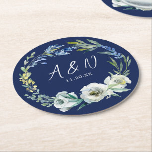 Elegant Navy Blue White Floral Monogram Wedding Round Paper Coaster