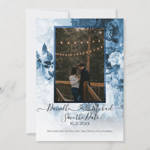 Elegant Navy Blue White Floral Script Heart Photo Save The Date