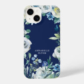 Elegant Navy Blue White Floral Winter Monogram iPhone Case (Back)
