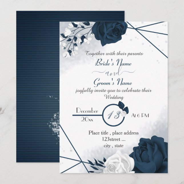 elegant navy blue & white flowers wedding invitati invitation (Front/Back)
