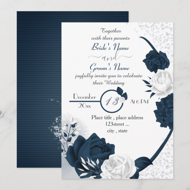 elegant navy blue & white flowers wedding invitation (Front/Back)