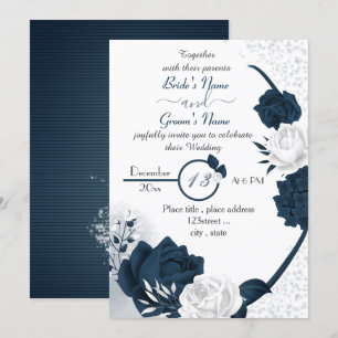 elegant navy blue & white flowers wedding invitation