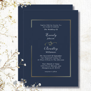  Elegant Navy Blue White Gold Border Wedding Invitation