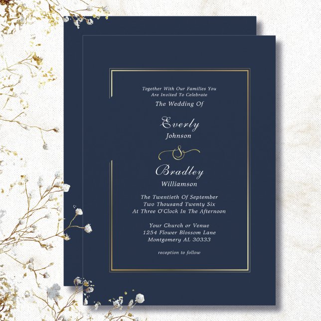  Elegant Navy Blue White Gold Border Wedding Invitation (Creator Uploaded)