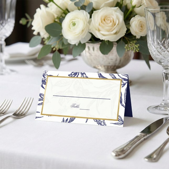 Elegant Navy Blue White Gold Botanical Wedding Place Card (Creator Uploaded)