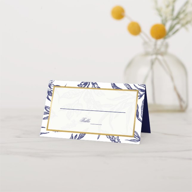 Elegant Navy Blue White Gold Botanical Wedding Place Card (Front)